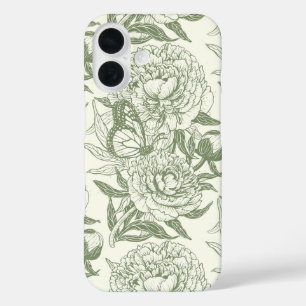 Pfingstrosen und Schmetterlinge Blockdruck, salbei iPhone 16 Hülle