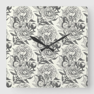 Pfingstrosen und Schmetterlinge Blockdruck, schwar Quadratische Wanduhr