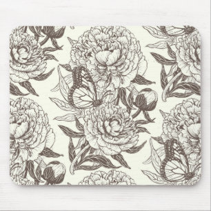 Pfingstrosen und Schmetterlinge Blockdruck, Umber  Mousepad
