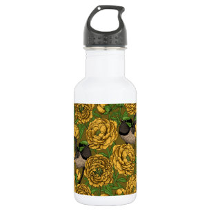 Pfingstrosen und Zaunkönige Edelstahlflasche