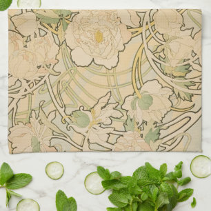 Pfingstrosen von Alphonse Mucha, Vintage Art Nouve Geschirrtuch