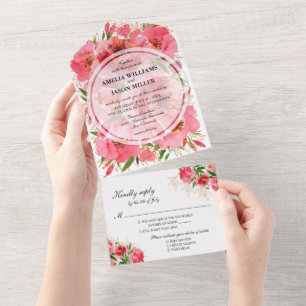 Pfingstrosen-Watercolor-Hochzeit All In One Einladung