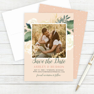 Pfirsich-Aquarell-Blumen-Hochzeitsfoto-Hochzeit Save The Date