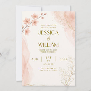 Pfirsich-Aquarell-Glitter-Sakura-Hochzeitseinladun Einladung
