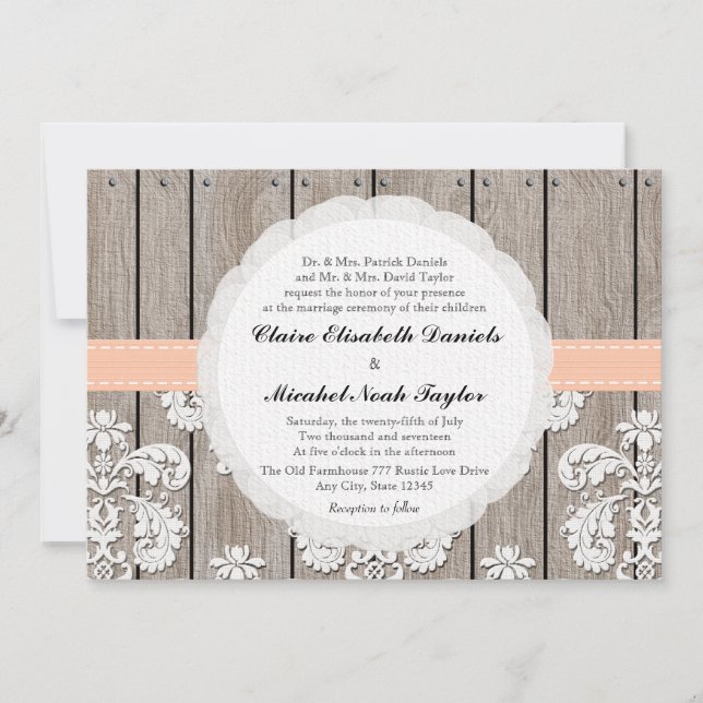 Pfirsich Blasskorallenholz Hochzeit Einladungen (Vorderseite)
