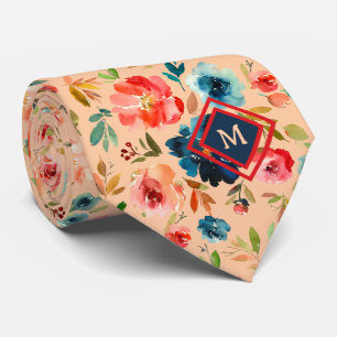 Pfirsich Blaue Aquarell-Rosen Monogramm Krawatte