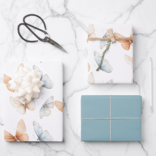 Pfirsich Blaue Schmetterlinge Baby-Party Geschenkpapier Set