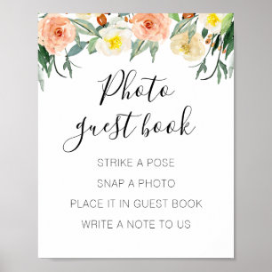 Pfirsich-Blumen-Foto-Gästebuch-Hochzeitsschild Poster
