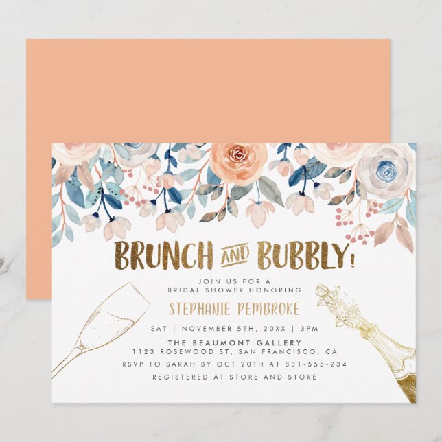 Pfirsich & Blumen Golden Bridal Brunch & Bubble Einladung (Vorne/Hinten)