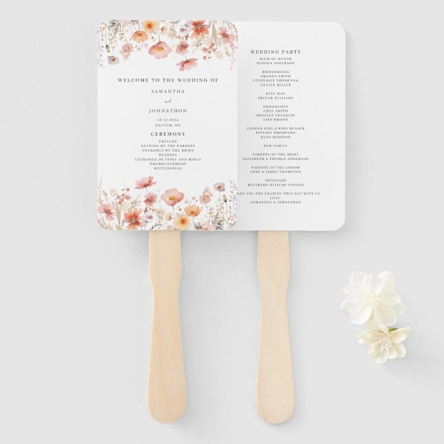Pfirsich-Blumen-Wildblumen-Hochzeitsprogramm-Handf Fächer (Vorne und Hinten)