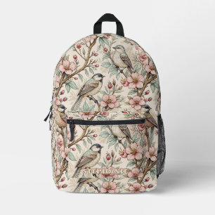 Pfirsich Botanischer Singvogel Schwarzes Tinten-Bl Bedruckter Rucksack