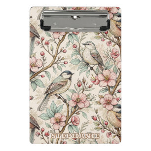 Pfirsich Botanischer Singvogel Schwarzes Tinten-Bl Mini Klemmbrett