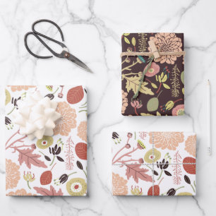 Pfirsich Brown Floral Mix Whimsisch Geschenkpapier Set