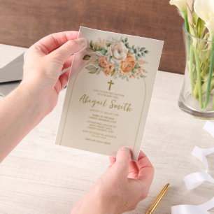 Pfirsich-Creme-Wasserfarben-Blumen-Gold-Kreuz-Tauf