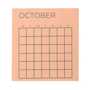 Pfirsich-Farbener undatierter Oktober-Kalender für Notizblock