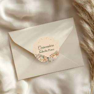 Pfirsich Flaum Floral und Gold Glitter Quinceanera Runder Aufkleber