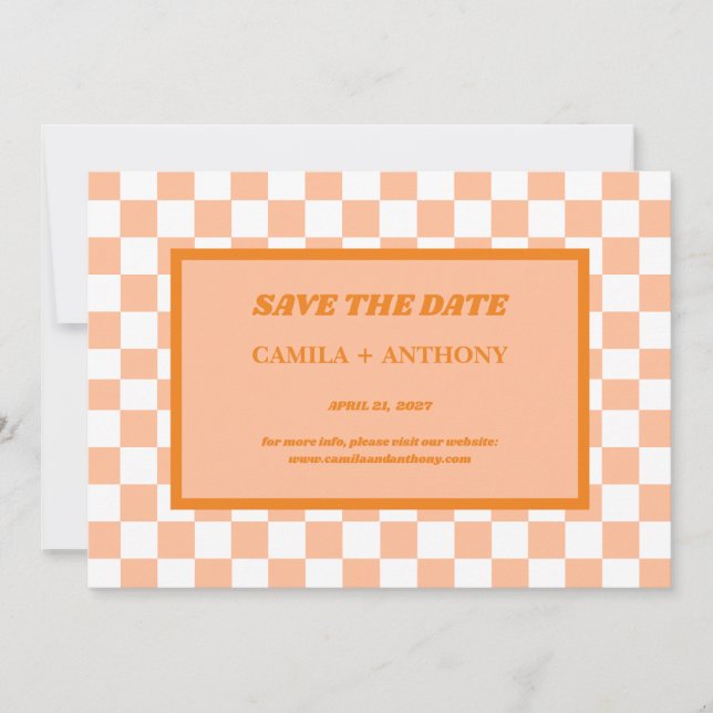 Pfirsich Flaum Orange kariert Gingham-Muster Save The Date (Vorderseite)