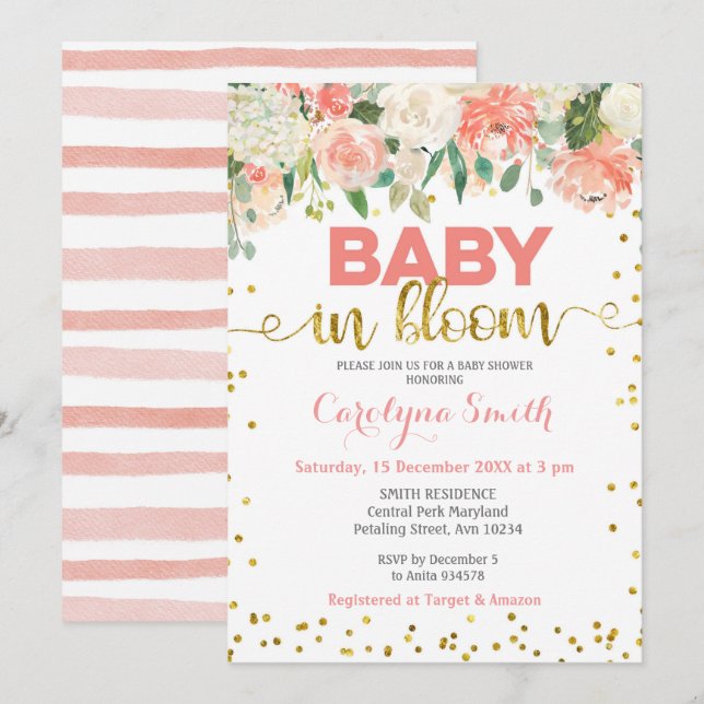 Pfirsich Floral Baby in Bloom Einladung (Vorne/Hinten)