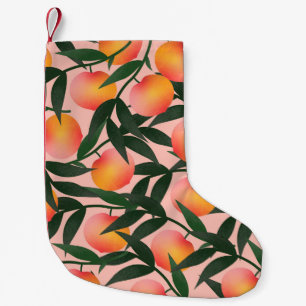 Pfirsich Frucht Rosa Hintergrund Muster. Kleiner Weihnachtsstrumpf