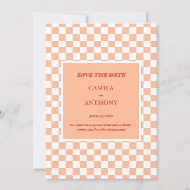 Pfirsich Fuzz kariertes Gingham-Muster Save The Date (Vorderseite)
