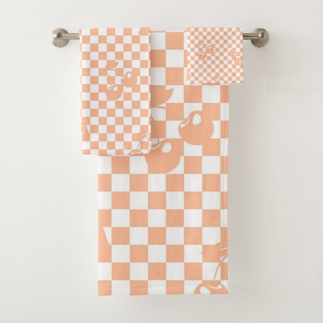 Pfirsich-Fuzz-Kirsch-Gingham-Muster Badhandtuch Set (Insitu)