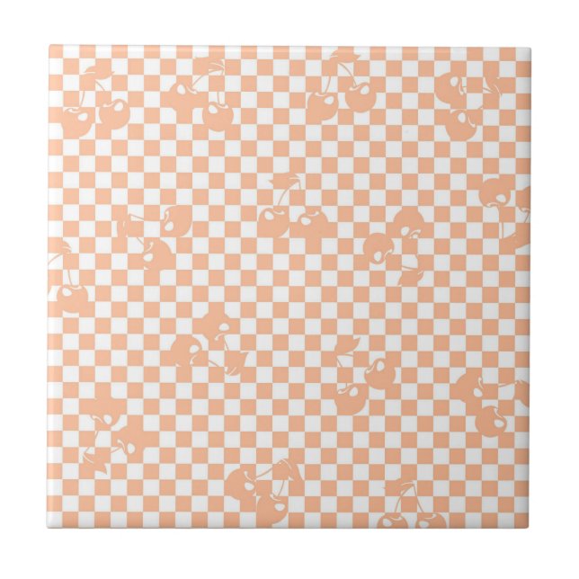 Pfirsich-Fuzz-Kirsch-Gingham-Muster Fliese (Vorderseite)