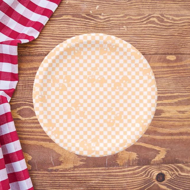Pfirsich-Fuzz-Kirsch-Gingham-Muster Pappteller (Peach Fuzz Cherry Gingham Pattern Paper Plates)
