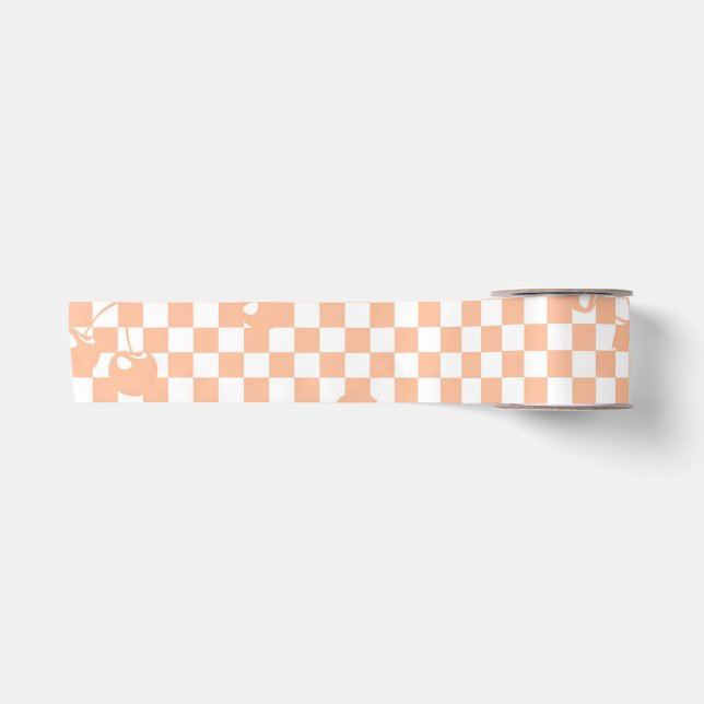 Pfirsich-Fuzz-Kirsch-Gingham-Muster Satinband (Vorderseite)
