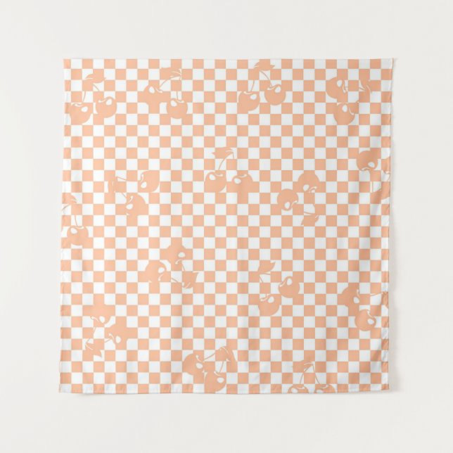 Pfirsich-Fuzz-Kirsch-Gingham-Muster Wandteppich (Vorderseite)