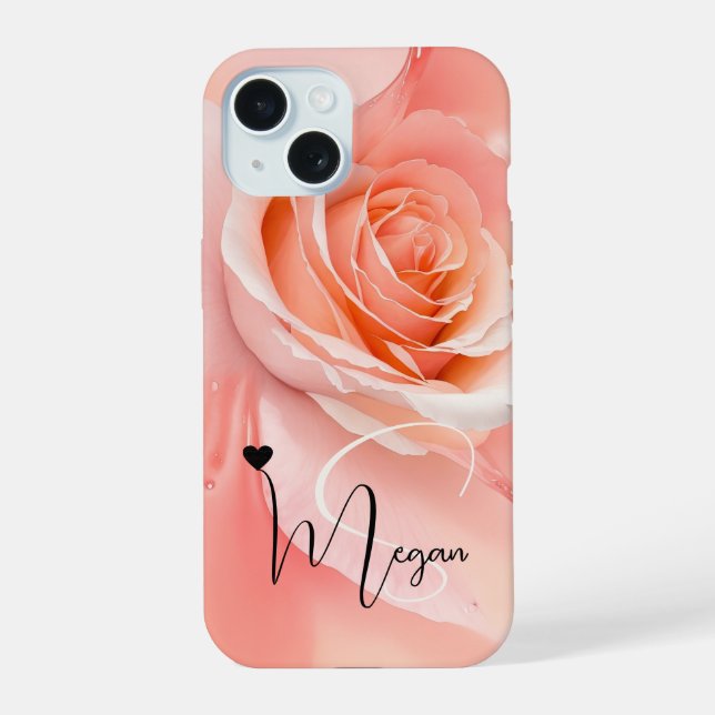 Pfirsich Fuzz Rose Hintergrund Monogramm Name Herz iPhone 15 Hülle (Rückseite)