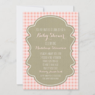 Pfirsich-Gingham-Jute-Baby-Shower-Einladungen Einladung