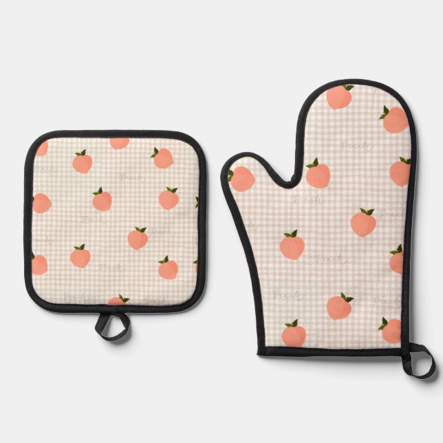 Pfirsich Gingham Ofenhandschuh & Topflappen-Set (Vorderseite)
