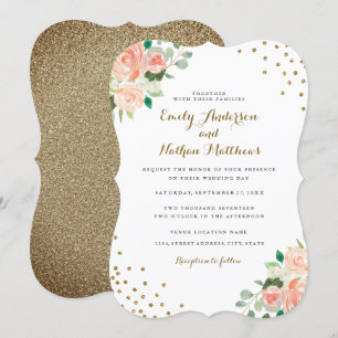 Pfirsich-Gold-Blumen-Konfetti-Hochzeitseinladung Einladung