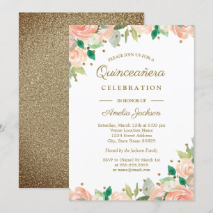 Pfirsich Gold Glitter Blumen Quinceanera Einladung