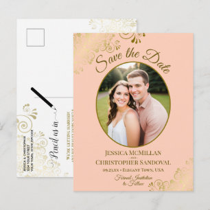 Pfirsich & Gold Posh Hochzeit Merken Sie sich den Ankündigungspostkarte
