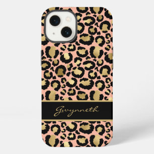 Pfirsich Gold Schwarz Leopardendruck mit Ihrem Nam iPhone Hülle