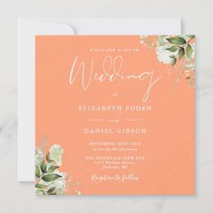 Pfirsich-Grün-Blumen-Foto-Quadrat-Hochzeit Einladung