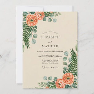 Pfirsich-grüne botanische Hochzeit Einladung