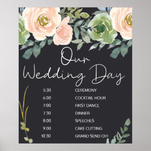 Pfirsich-grüne Navy-Pastell-Blumen-Hochzeitsplan Poster
