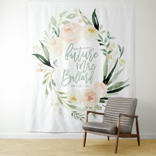 Pfirsich + grüne Wasserfarbe Floral-Junggesellinne Wandteppich