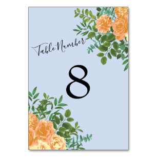 Pfirsich Hellblaue Hochzeitsrosen Floral Tischnummer