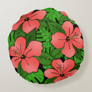 Pfirsich Hibiskus & Monstera Rundes Kissen