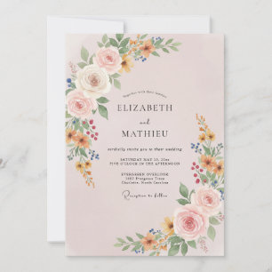 Pfirsich-Hochzeit mit Wildblumen und Blättern Einladung