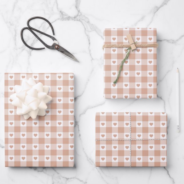 Pfirsich-Kariert-Herz-Gingham-Retro-Farbe Geschenkpapier Set (Vorderseite)