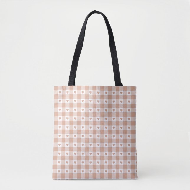 Pfirsich-Kariert-Herz-Gingham-Retro-Farbe Tasche (Vorderseite)