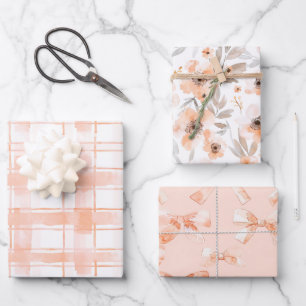 Pfirsich-Karierte-Streifen-Schleifen-Blumen-Geburt Geschenkpapier Set