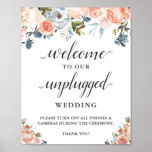 Pfirsich-Korallen-Blumen-Hochzeitsschild ohne Elek Poster