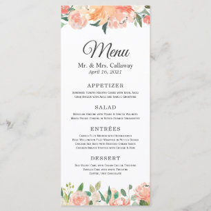 Pfirsich-Korallen-Pfingstrosen-Hochzeitsmenü Menükarte