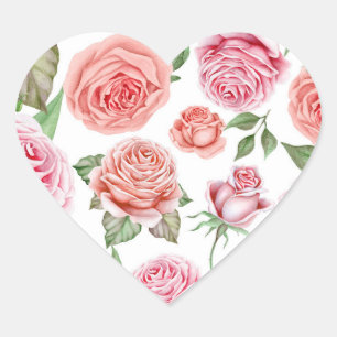 Pfirsich Korallen Rosa Rosen Grünzeug Blätter Part Herz-Aufkleber