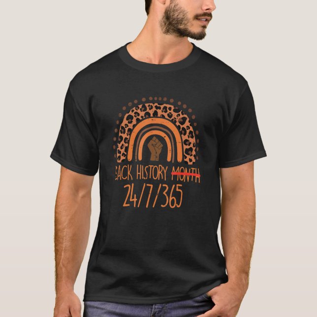 Pfirsich Leopard Regenbogenfaust Schwarze Geschich T-Shirt (Vorderseite)